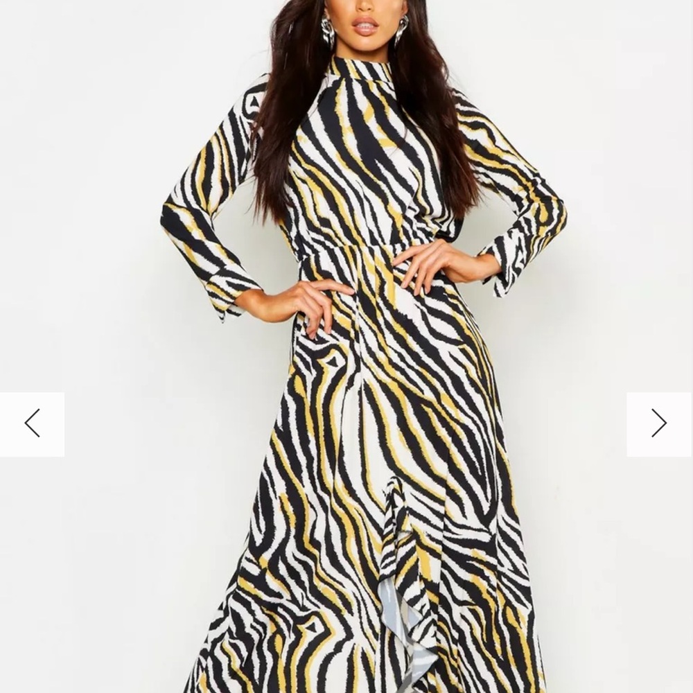 Boohoo Zebra Print Woven high neck ruffle front split maxi Long Sleeve Dress